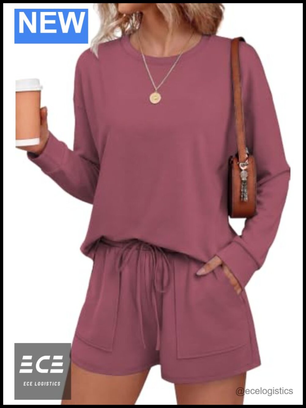 Ekouaer Women's Lounge Set Pajamas Long Sleeve Top & Shorts 2-Piece Relaxed
